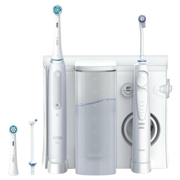 Oral-B Zahnpflegesystem Oral Health Center Oxyjet + iO4 (Oxyjet-Munddusche mit 5 Wasserdruck-Stufen und 4 Wasserstrahlen, iO4-Zahnbürste mit magnetischer iO-Technologie, 4 Putzprogramme, intelligente Andruckkontrolle, Lieferumfang: Munddusche, 1 Oxyjet-Dü